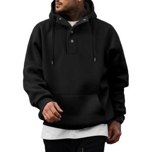 JMIERR Mens 2025 Casual Fahsion Fall Hoodie Pullover Quarter Drawstring Fleece Winter Button Hooded Shirt with Pocket(0 Black)