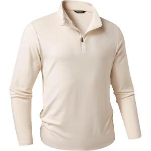 JMIERR Men’s 2025 Casual Quarter Zip Pullover Sweatshirts Stretch Fall Polo Plush Long Sleeve Shirt Comfy Underwear(A Beige)