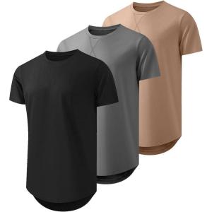 JMIERR Mens 3 Pack Cotton Hipster Hip Hop Longline Crewneck T-Shirt(1-black/Dark Grey/Khaki)