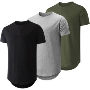 JMIERR Mens 3 Pack Cotton Hipster Hip Hop Longline Crewneck T-Shirt(2-black/Light Grey/Army Green)