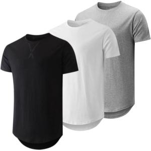 JMIERR Mens 3 Pack Cotton Hipster Hip Hop Longline Crewneck T-Shirt(4-black/White/Light Grey)