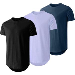 JMIERR Mens 3 Pack Cotton Hipster Hip Hop Longline Crewneck T-Shirt(A-black/Baby Blue/Navy Blue)