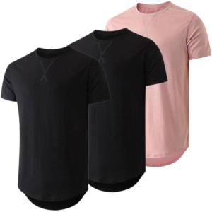 JMIERR Mens 3 Pack Cotton Hipster Hip Hop Longline Crewneck T-Shirt(A-black/Black/Pink)