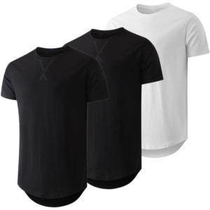 JMIERR Mens 3 Pack Cotton Hipster Hip Hop Longline Crewneck T-Shirt(A-black/Black/White)