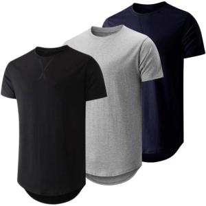 JMIERR Mens 3 Pack Cotton Hipster Hip Hop Longline Crewneck T-Shirt(A-black/Light Grey/Navy Blue)