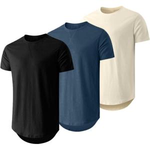 JMIERR Mens 3 Pack Cotton Hipster Hip Hop Longline Crewneck T-Shirt(A-black/Navy Blue/Apricot)
