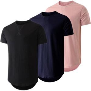 JMIERR Mens 3 Pack Cotton Hipster Hip Hop Longline Crewneck T-Shirt(A-black/Navy Blue/Pink)
