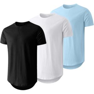 JMIERR Mens 3 Pack Cotton Hipster Hip Hop Longline Crewneck T-Shirt(A-black/White/Baby Blue)