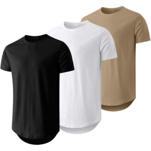 JMIERR Mens 3 Pack Cotton Hipster Hip Hop Longline Crewneck T-Shirt(A-black/White/Khaki)