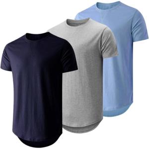 JMIERR Mens 3 Pack Cotton Hipster Hip Hop Longline Crewneck T-Shirt(A-navy Blue/Light Grey/Sky Blue)