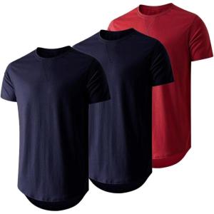 JMIERR Mens 3 Pack Cotton Hipster Hip Hop Longline Crewneck T-Shirt(A-navy Blue/Navy Blue/Red)