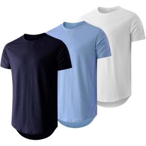 JMIERR Mens 3 Pack Cotton Hipster Hip Hop Longline Crewneck T-Shirt(A-navy Blue/Sky Blue/White)