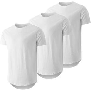 JMIERR Mens 3 Pack Cotton Hipster Hip Hop Longline Crewneck T-Shirt(A-white/White/White)