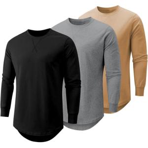 JMIERR Mens 3 Pack Cotton Hipster Hip Hop Longline Crewneck T-Shirt(B-black/Dark Gray/Khaki)