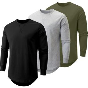 JMIERR Mens 3 Pack Cotton Hipster Hip Hop Longline Crewneck T-Shirt(B-black/Light Grey/Army Green)