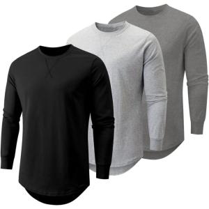 JMIERR Mens 3 Pack Cotton Hipster Hip Hop Longline Crewneck T-Shirt(B-black/Light Grey/Dark Grey)