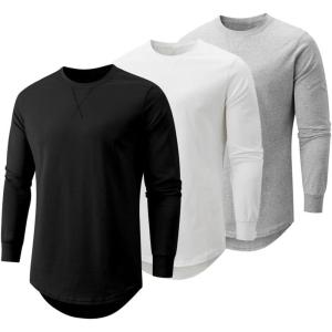 JMIERR Mens 3 Pack Cotton Hipster Hip Hop Longline Crewneck T-Shirt(B-black/White/Light Grey)