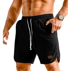 JMIERR Mens Athletic Shorts Casual Elastic Waist Drawstring Stretch Short Waffle Beach Running Shorts Workout Sweat Gym Short(A Black)