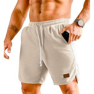 JMIERR Mens Athletic Shorts Casual Elastic Waist Drawstring Stretch Short Waffle Beach Running Shorts Workout Sweat Gym Short(Parchment)