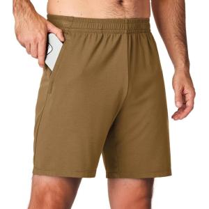 JMIERR Mens Athletic Shorts Knit 4 Way Stretch Short with Zipper Pockets Running Workout Sports Gym Lightweight 7″ Shorts(Dark Brown)
