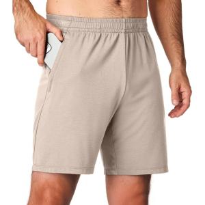 JMIERR Mens Athletic Shorts Knit 4 Way Stretch Short with Zipper Pockets Running Workout Sports Gym Lightweight 7″ Shorts(Khaki)