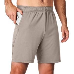 JMIERR Mens Athletic Shorts Knit 4 Way Stretch Short with Zipper Pockets Running Workout Sports Gym Lightweight 7″ Shorts(Light Brown)