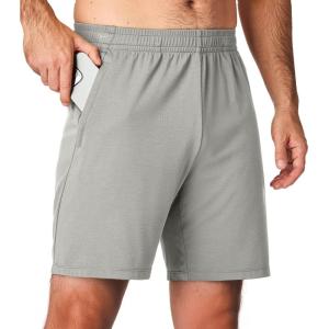 JMIERR Mens Athletic Shorts Knit 4 Way Stretch Short with Zipper Pockets Running Workout Sports Gym Lightweight 7″ Shorts(Light Grey)