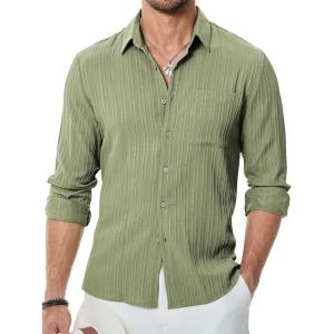 JMIERR Men’s Button Down Dress Shirts Textured Long Sleeve Casual Hawaiian Beach Shirt with Pocket(Green)