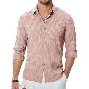 JMIERR Men’s Button Down Dress Shirts Textured Long Sleeve Casual Hawaiian Beach Shirt with Pocket(Pink)
