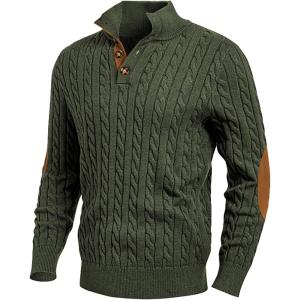 JMIERR Men’s Cable Knit Pullover Sweater Casual Long Sleeve Stand Collar Button Knitted Sweaters(01 Green)