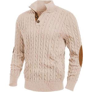 JMIERR Men’s Cable Knit Pullover Sweater Casual Long Sleeve Stand Collar Button Knitted Sweaters(02 Beige)