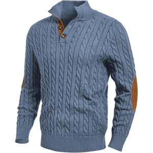 JMIERR Men’s Cable Knit Pullover Sweater Casual Long Sleeve Stand Collar Button Knitted Sweaters(Blue)