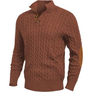 JMIERR Men’s Cable Knit Pullover Sweater Casual Long Sleeve Stand Collar Button Knitted Sweaters(Chestnut)