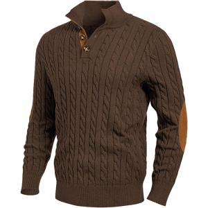 JMIERR Men’s Cable Knit Pullover Sweater Casual Long Sleeve Stand Collar Button Knitted Sweaters(Chocolate Brown)