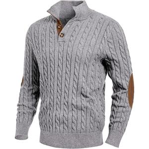 JMIERR Men’s Cable Knit Pullover Sweater Casual Long Sleeve Stand Collar Button Knitted Sweaters(Grey)