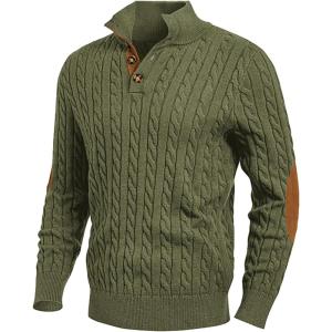 JMIERR Men’s Cable Knit Pullover Sweater Casual Long Sleeve Stand Collar Button Knitted Sweaters(Jungle Green)