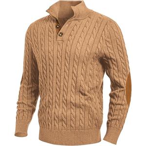 JMIERR Men’s Cable Knit Pullover Sweater Casual Long Sleeve Stand Collar Button Knitted Sweaters(Khaki)