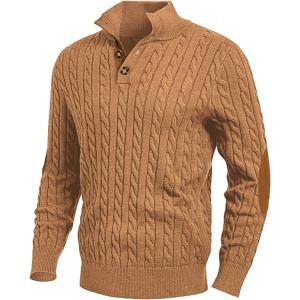 JMIERR Men’s Cable Knit Pullover Sweater Casual Long Sleeve Stand Collar Button Knitted Sweaters(Light Khaki)