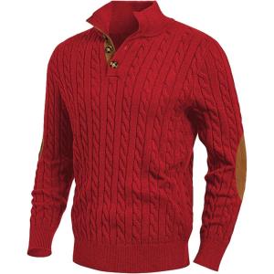 JMIERR Men’s Cable Knit Pullover Sweater Casual Long Sleeve Stand Collar Button Knitted Sweaters(Light Red)