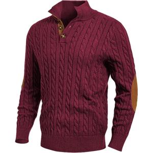JMIERR Men’s Cable Knit Pullover Sweater Casual Long Sleeve Stand Collar Button Knitted Sweaters(Red)