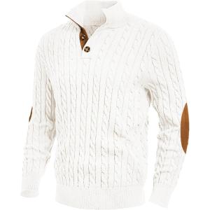 JMIERR Men’s Cable Knit Pullover Sweater Casual Long Sleeve Stand Collar Button Knitted Sweaters(White)