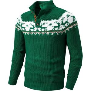 JMIERR Men’s Cable Knit Pullover Sweater Casual Long Sleeve Stand Collar Button Knitted Sweaters(Xmas Green Reindeer)