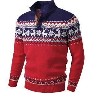 JMIERR Men’s Cable Knit Pullover Sweater Casual Long Sleeve Stand Collar Button Knitted Sweaters(Xmas Red Reindeer)