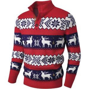 JMIERR Men’s Cable Knit Pullover Sweater Casual Long Sleeve Stand Collar Button Knitted Sweaters(Xmas Red2 Reindeer)