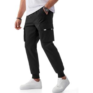 JMIERR Men’s Cargo Pants Joggers Pants Drawstring Stretch Waist Straight Trousers Tapered Sweatpants with Multi Pockets(Black)