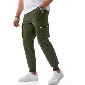 JMIERR Men’s Cargo Pants Joggers Pants Drawstring Stretch Waist Straight Trousers Tapered Sweatpants with Multi Pockets(Moss Green)