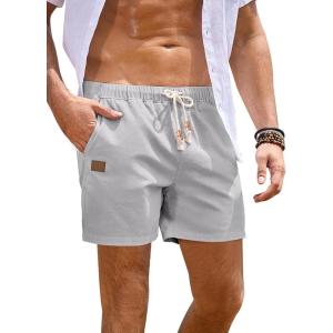 JMIERR Mens Casual 5″/ 7″ Cotton Linen Shorts – Elastic Waist Drawstring Summer Beach Shorts with Pockets(B Light Grey)