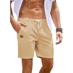 JMIERR Mens Casual 5″/ 7″ Cotton Linen Shorts – Elastic Waist Drawstring Summer Beach Shorts with Pockets(F Beige)