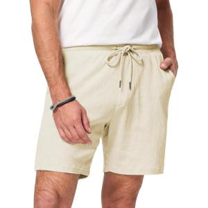 JMIERR Mens Casual 7″ Shorts Cotton Elastic Waist Drawstring Summer Texture Stretch Beach Shorts with Pockets(Apricot)
