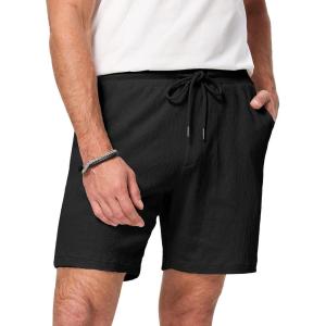 JMIERR Mens Casual 7″ Shorts Cotton Elastic Waist Drawstring Summer Texture Stretch Beach Shorts with Pockets(Black)
